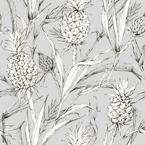 Nowoczesny obraz na płótnie Seamless pattern with pineapples and leaves. Tropical summer graphic illustration. Botanical texture in beige shades. Monochrome nature design. Perfect for a poster, printing on fabric.