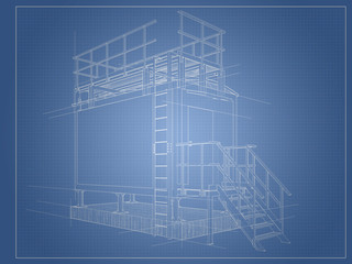 Architectural drawing blueprint of the building from the container with construction lines.