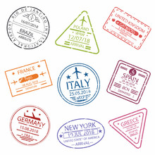 Passport Stamp Or Visa Signs For Entry  To The Different Countries Europe.  International Airport  Symbols