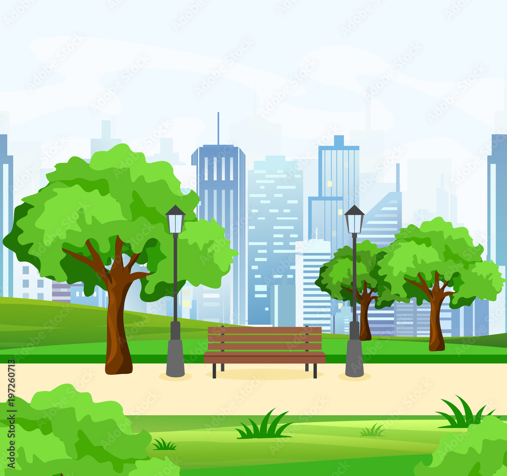 Vector illustration of beautiful public city park with trees and bench ...