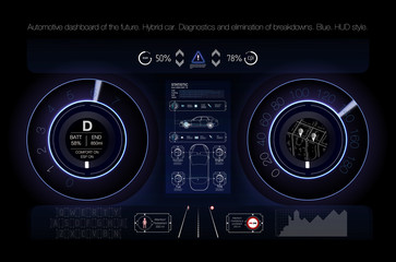 Poster - Automotive dashboard of the future. Hybrid car. Diagnostics and elimination of breakdowns. Blue. HUD style. Vector image.