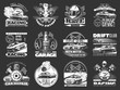 set of car racing white monochrome emblems, labels, logos and championship race badges with descriptions of classic garage, drift club, world racing. vector illustration