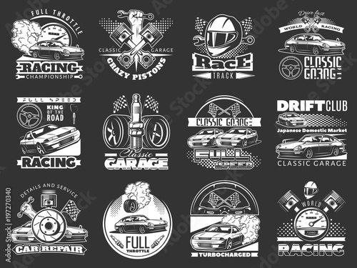 Fotomural set of car racing white monochrome emblems, labels, logos and championship race badges with descriptions of classic garage, drift club, world racing