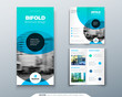Tri fold brochure design. Blue business template for tri fold flyer. Layout with modern circle photo and abstract background. Creative 3 folded flyer or brochure concept.