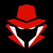 Flat, mysterious computer hacker icon. Red and white. Isolated on black