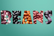 Bean background of five varieties in inscription BEANS.On cyan background. Red bean,scarlet runner, black bean, brown bean pinto.Legumes inscription. Food typorgaphy