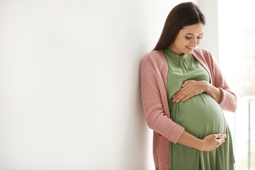 Wall Mural - Young pregnant woman in casual clothes indoors