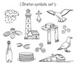 Vector coloring book breton elements: lighthouse, seagulls, traditional hut, train, cidre and crepes, oysters, mussels, rainy cloud, triskele and hermine.