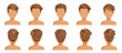 Hair blown man set. Wide view The hair is blown away. Front, rear, left, right. handsome hairstyle brown short hair of male.  trendy haircut. vector icon set isolated on white background.