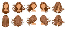 Hair Blown Women Set. Wide View The Hair Is Blown Away. Front, Rear, Left, Right. Beautiful Hairstyle Brown Long Hair Of Female.  Trendy Haircut. Vector Icon Set Isolated On White Background.