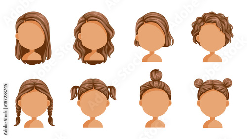Little Girl Hair Set Face Of A Little Girl Beautiful Hairstyle Child Modern Fashion For Assortment Long Short Curly Hair Salon Hairstyles And Trendy Haircut Vector Icon Set Isolated