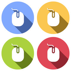 Poster - computer mouse icon. Set of white icons with long shadow on blue, orange, green and red colored circles. Sticker style