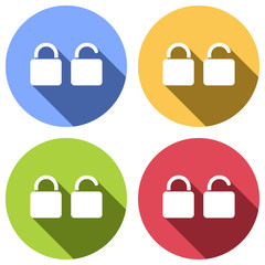 Poster - Lock and unlock Icon. Set of white icons with long shadow on blue, orange, green and red colored circles. Sticker style
