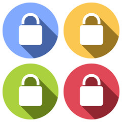 Poster - lock icon. Set of white icons with long shadow on blue, orange, green and red colored circles. Sticker style