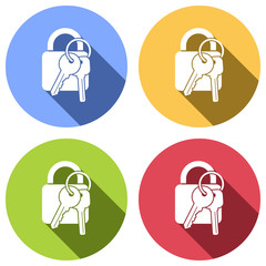 Poster - lock with keys icon. Set of white icons with long shadow on blue, orange, green and red colored circles. Sticker style