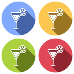 Wall Mural - cocktail with lemon slice icon. Set of white icons with long shadow on blue, orange, green and red colored circles. Sticker style