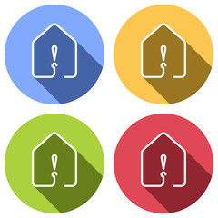Poster - house with exclamation mark icon. line style. Set of white icons with long shadow on blue, orange, green and red colored circles. Sticker style