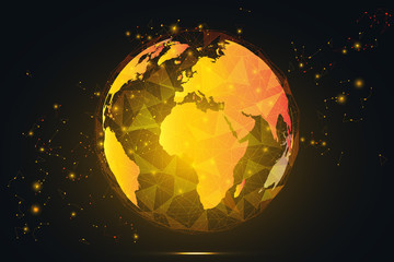 yellow gold global network connection. gold world map hexagonal polygonal mesh and line as business,