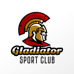 Colorful logo, badge, emblem of Spartan head and Corinthian helmet. Greek soldier, warrior, hero, shield, lettering. Identity for sports club, gym, vector illustration