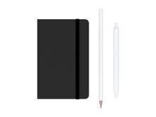 red moleskine with pen and pencil and a black strap front or top view isolated on a white background 3d rendering