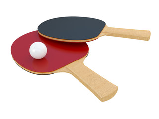 ping pong rackets red and black with white ball isolated on a white background 3d rendering