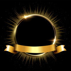 Poster - Golden sparkling ring with rays and glitter and golden ribbon isolated on black background. Vector golden frame.