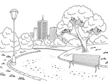 Park Graphic Black White Bench Lamp Landscape Sketch Illustration Vector