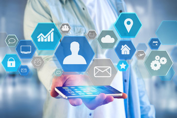 Poster - Business network application displayed on a futuristic interface