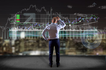Poster - man in front of a wall writing on a stock exchange interface - tradex concept