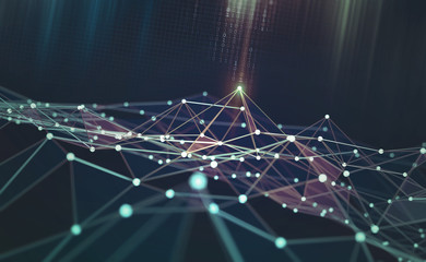 Poster - Global network. Blockchain. 3D illustration. Neural networks and artificial intelligence. Abstract technological background with binary code elements