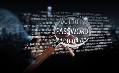 Poster - Hacker using digital magnifying glass to find password 3D rendering