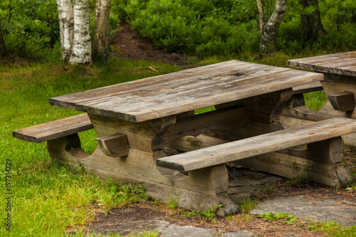 Plakat Kemping z piknikowym stołem w norweskim parku