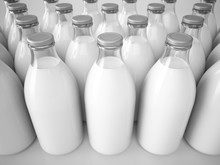 3D Rendering Row Of Glass Milk Bottles