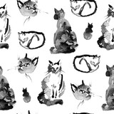 Fototapeta Koty - Wet to wet watercolor seamless pattern of the fluffy siberian cat on white background. Collection of cute cat in different pose