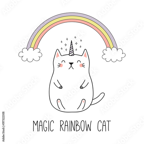 Hand drawn vector illustration of a kawaii funny unicorn cat under the rainbo...