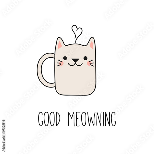 Hand drawn vector illustration of a kawaii funny steaming mug cup with cat ea...