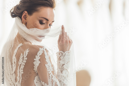 Cuadros en Lienzo Stylish bride in lace dress in wedding salon