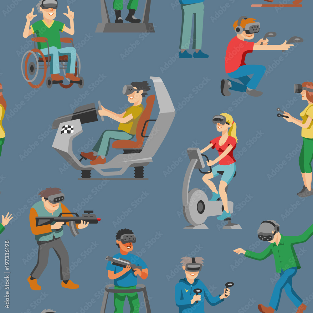 Virtual reality vector character gamer with vr glasses and person ...