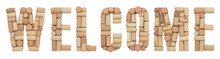 Word Welcome Made Of Wine Corks Isolated On White Background
