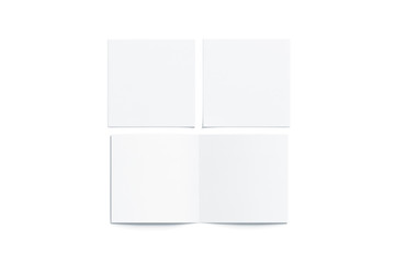 Fototapete - Blank white two folded square booklet mock up, opened and closed, front and back side, top view, 3d rendering. Plain twofold brochures mockups set isolated. Book cover and flier inside, copy space.