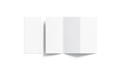 Fototapete - Blank white tri folded booklet mockup, opened and closed, top view, 3d rendering. Plain trifold brochures mock ups set isolated. Book cover and three flier inside, copy space.