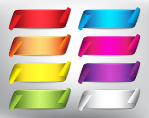 Wall Mural - Set of 8 blank ribbon banners in bright colors. Colorful vector web ribbons. Isolated with realistic, transparent shine and shadow on the light background. Vector illustration. Eps10.