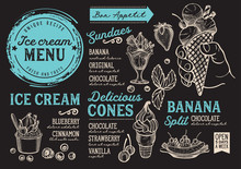 Ice Cream Restaurant Menu. Vector Dessert Food Flyer For Bar And Cafe. Design Template With Vintage Hand-drawn Illustrations.