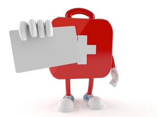 Wall Mural - First aid kit character holding blank business card