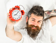 Man with happy face lies on pillow, holds alarm clock.