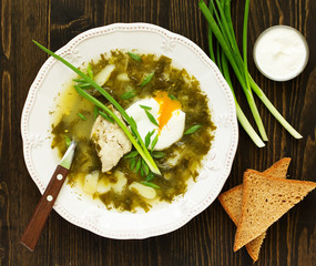 Wall Mural - Sorrel soup with chicken and poached egg.