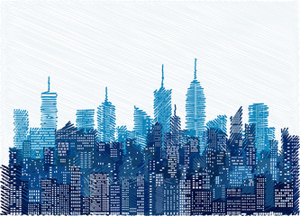 Wall Mural - blue cityscape scribble windows