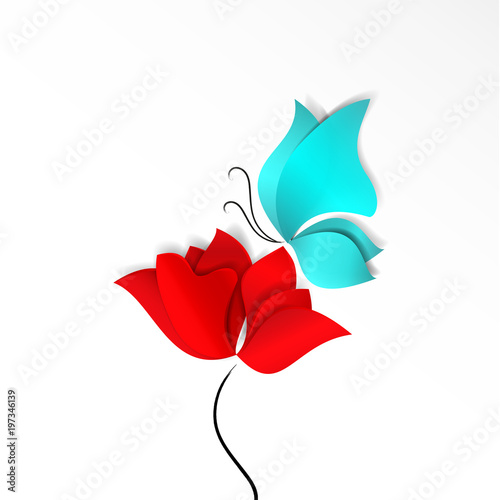 One Red Abstract Flower Poppy Tulip Or Rose And Sky Blue Or Turquoise Butterfly Spring Bright Paper Cut Style 3d Vector Holiday Design Card Or Wallpaper On White Background Stock Vector Adobe One Red Abstract Flower Poppy Tulip Or Rose And Sky Blue Or Turquoise Butterfly Spring Bright Paper Cut Style 3d Vector Holiday Design Card Or Wallpaper On White Background Stock Vector Adobe