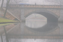 Bridge On The City Channel In Riga In The Fog