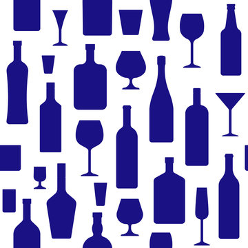 Bottles and glasses seamless pattern. Vector illustration. Simple style. Monochrome background with alcohol drinks and wineglasses.